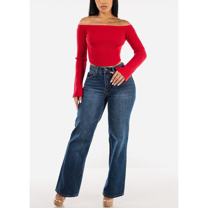 High Waist Med Blue Straight Wide Leg Cotton Jeans